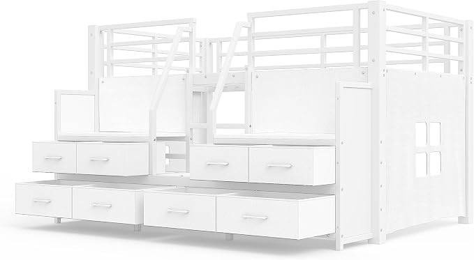 Bellemave Twin Size Loft Bed with 8 Non-Woven Fabric Storage Drawers and Bookshelf, Low Loft Bed with Lights and Private Play Curtain, Twin Loft Beds with High Rails, Noise Reduced White