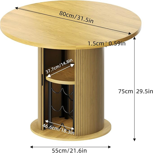 Wildhome Round Dining Table for 2-3, 31 Inch Dining Room Kitchen Table with 2-Tier Storage Shelf & Wine Rack, Modern Farmhouse Fluted Wood Slide Door Dinner Furniture,Circle(Non scalable-32 Inch-Oak)