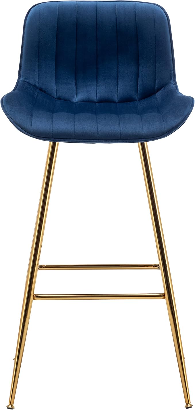 Sidanli Velvet Blue Bar Stools, 29 Inch Upholstered Island Stools with Footrests, Gold Bar Chairs for Home, Kitchen Island, Dining Room