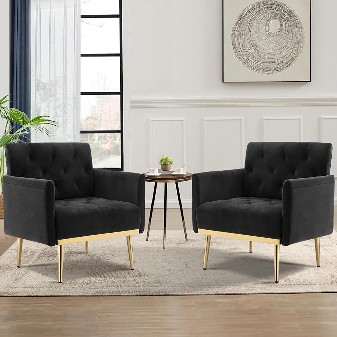 Black Velvet Accent Chairs Set of 2, Comfy Button Tufted Armchair, Upholstered Arm Chair Single Sofa Reading Chairs with Arms and Gold Metal Leg for Living Room Bedroom Nursery Office