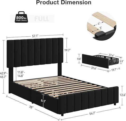IDEALHOUSE Full Upholstered Bed Frame with 4 Storage Drawers, Adjustable Headboard and Wooden Slats Support, No Box Spring Needed, Black