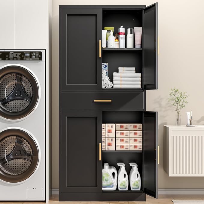 71” Tall Kitchen Pantry Cabinet, Metal Storage Cabinet with 1 Drawer and 2 Adjustable Shelves for Kitchen, Living Room, Laundry Room