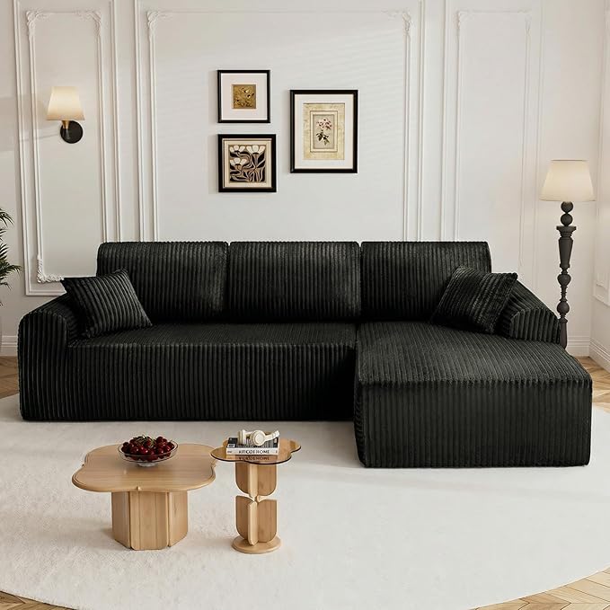 110" L Shaped Boneless Sectional Couches for Living Room, Comfy Corduroy Floor Cloud Sofa with Chaise, Wide Armrest, Deep Seat, Memory Foam, Assembly Free, Ideal for Small Spaces, Black