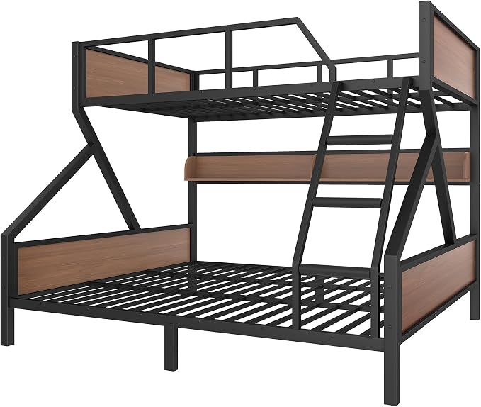 Bellemave Bunk Bed Queen Over King with LED, Heavy Duty Metal Bunk Beds with Storage Shelves and Lights, Woodgrain+Black