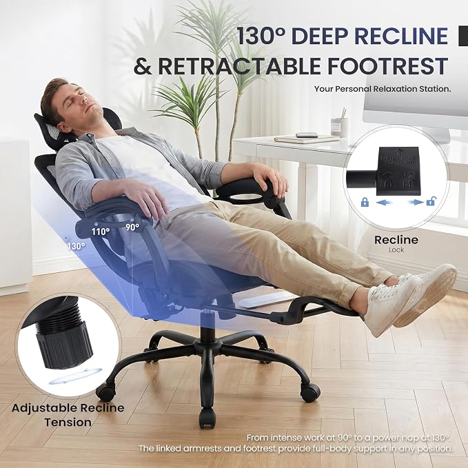 MALOL Ergonomic Mesh Office Chair with Footrest, Executive High Back Computer Desk Chair with 3D Adjustable Headrest & 5-Level Lumbar Support, Reclining Tilt Lock, 3D Arms, 300LBS Capacity, Black