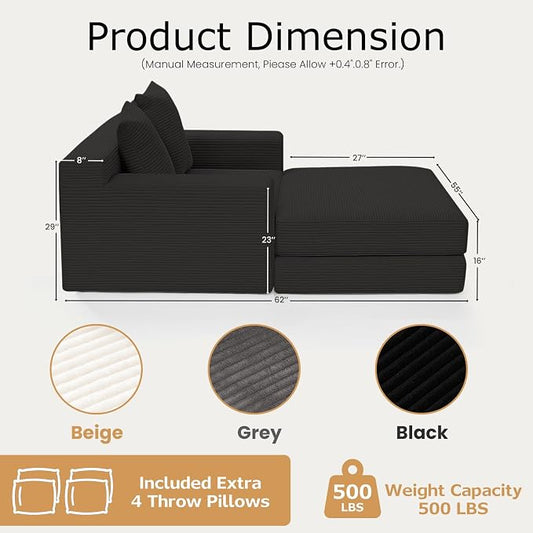 cidludto Convertible Futon Sofa Bed with Ottoman, 5 in 1 Folding Couch Bed Loveseat, Corduroy Boneless Couch with Deep Seat for Living Room Chaise Lounge Chair Indoor, No Assembly Required, Black