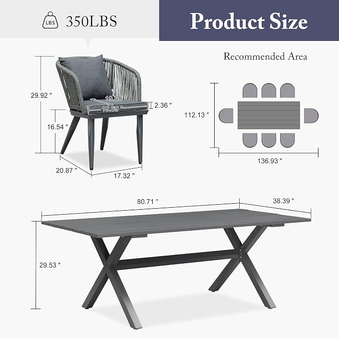PURPLE LEAF 9 Pieces Patio Dining Set Wicker Outdoor Furniture Rectangular Table and Chairs Set for Garden Deck Aluminum Frame Backyard Kitchen Set, Cushions and Pillows Included Grey