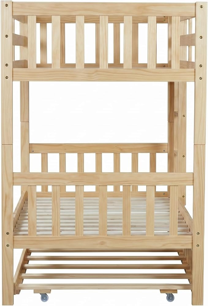 Merax Twin-Over-Twin Bunk Bed with Movable Trundle, Solid Wood Detachable Bunk Bed with Safety Guardrial and Ladder, Can be Converted Into 3 Separate Beds(Natural)