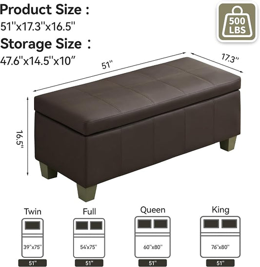 WUTUTUEE 51" Faux Leather Storage Ottoman, Stitch Tufted Rectangle Upholstered End of Bed Storage Bench, Entryway Large Couch Ottoman with Wooden Legs,Brown