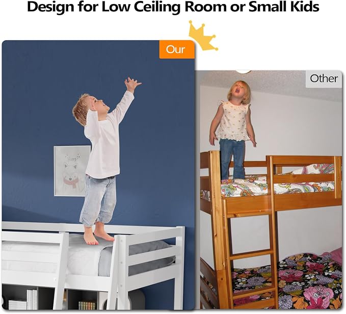 VINGLI 47'' Tall Junior Low Loft Bed with Stairs, White Wood Loft Bed Twin Size for Adults, Kids and Young Teens, No Box Spring Required,Wood Slat Support