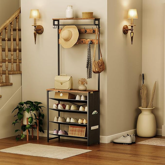HOOBRO Hall Tree with Bench, Entryway Coat Rack with Shoe Rack, Shoe and Coat Rack, 5 Tier Shoe Storage Organizer with Oxford Fabric Side Pockets, Adjustable Mesh Shelves, Rustic Brown BF75MT01