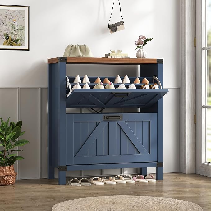 YOMILUVE Shoe Cabinet with 2 Flip Drawers, Farmhouse Shoe Storage Cabinet for Entryway, Slim Shoe Rack Freestanding Shoe Organizer with Barn Door, Blue