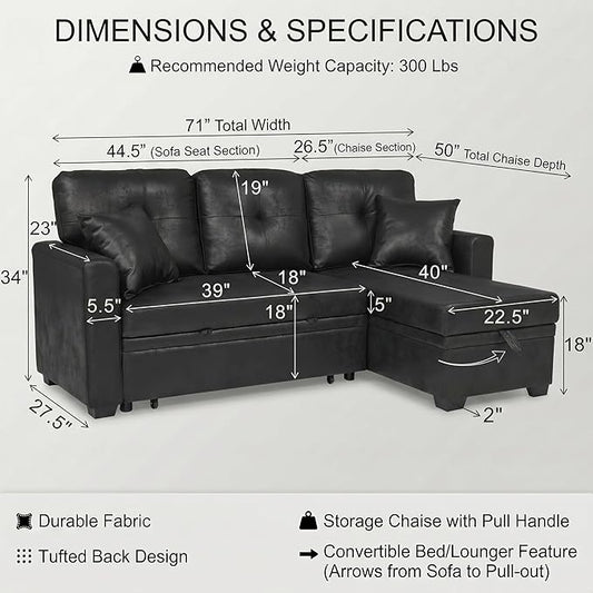 TYBOATLE Convertible Sofa Bed Couch with Reversible Storage Chaise, 71" L Shaped Pull Out Couch Bed, Comfy Linen Fabric Sleeper Sofa for Living Room, Apartment & Guest Room (Black)
