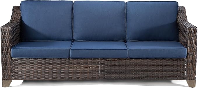77'' Patio Sofa, All Weather Outdoor Rattan Wicker 3-Seat Sofa High Back Couch with Premium Cushions for Garden Backyard Porch(Brown/Navy)