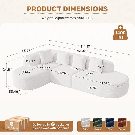 114 Inch Boneless Couches for Living Room,Modern Modular Sectional Sofa with Chaise,L-Shape Cloud Sectional Couch,No Assembly Required,Beige