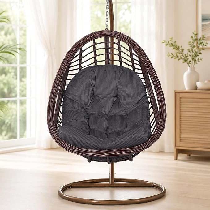 idee-home Egg Chair Cushion Replacement, Tufted Hanging Egg Chair Cushions with Corduroy Cover, Oversized Wicker Swing Cushion for Indoor Hammock Basket Chair, Grey (Chair Not Included), 48x32 Inch