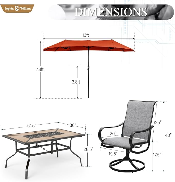 Sophia & William Patio Set with Umbrella Outdoor Dining Set for 6 with 13ft Umbrella Orange Red, 6 x Patio Chairs Grey, 1 Wood Like Outdoor Dining Table for Deck Lawn Garden (No Umbrella Base)