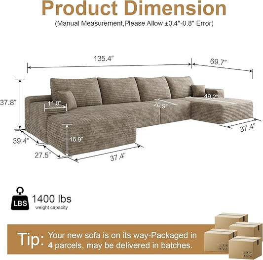 AUGOP 136" Sectional Couches for Living Room Modern Modular Sofa with L-Shape Couchs Upholstered Boneless Couch Deep Seat Sectional Couch with Chaise (Camel, Right Facing Chaise+3Seaters+Ottoman)
