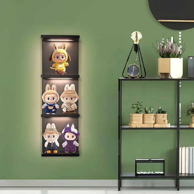 VIWODS 4-Tier Wall Shelf Unit with LED Lights, Floating Lack Shelf for Home Decor, Wall Mounted Vertical Display Shelf for Bedroom Living Room Vanity, Black