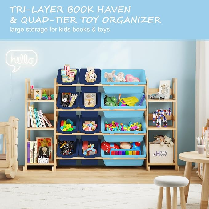 EXPERLAM Extra Large Toy Storage - Toy Storage Organizer, Wooden Toy Organizer with 6 Side Shelves and 12 Bins, 3-in-1 Bookshelf for Kids Rooms, Playroom, Nursery, Blue