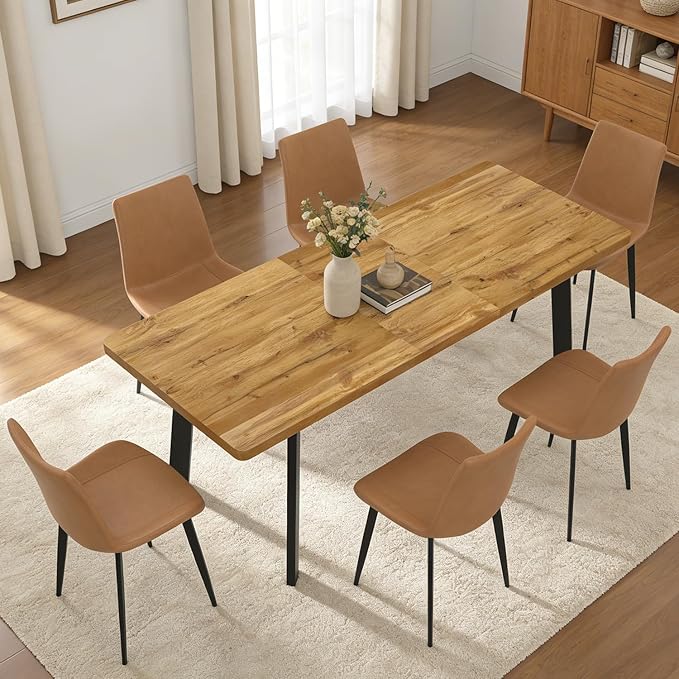 Extendable Dining Table Set for 6 to 8 People, 63" to 78.7" Modern Kitchen Table Set with 6 Leather Chairs, MDF Dining Room Table and Chairs with Removable Extension Leaf (Walnut Table+Brown Chairs)