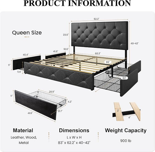 SHA CERLIN Upholstered Queen Platform Storage Bed Frame with 4 Drawers, Adjustable Headboard with Faux Leather Diamond Button Tufted Design, Wooden Slat Support, No Box Spring Needed, Black