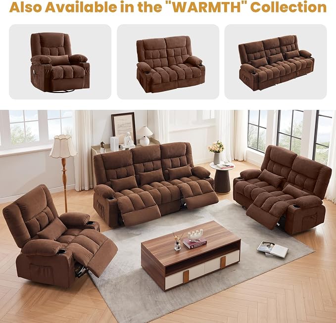 BOSMILLER Reclining Sofa with Cup Holders for Living Room 3 Seat Manual Sofa Recliner with Side Pocket