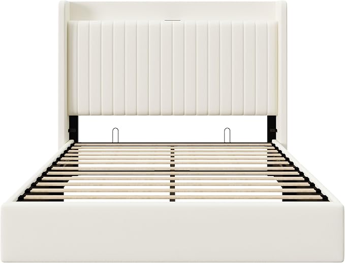 Allewie Queen Size Lift Up Storage Bed Frame,Storage Shelf Headboard with Charging Station,Type-C and USB Ports,Hydraulic Support,Velvet Upholstered Bed Frame,No Box Spring Needed,Cream