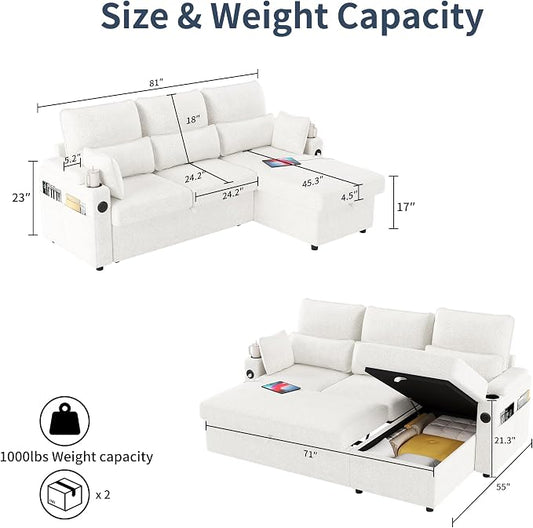 81" L-Shaped Sectional Sofa Couch, Pull-Out Sleeper Sofa Bed with Storage Chaise, Double Cup Holders, Dual USB Charging Ports, Couches for Living Room Apartment