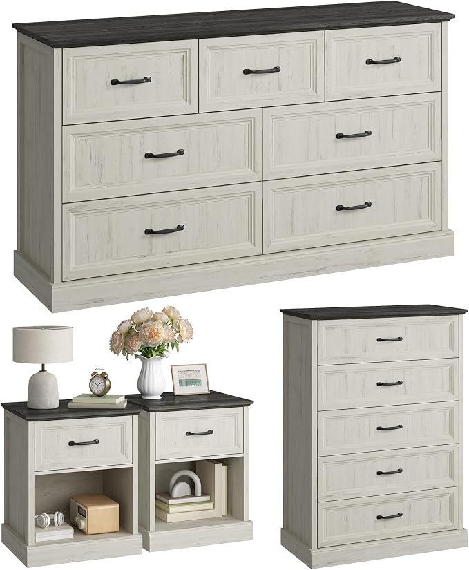 CARPETNAL Farmhouse Dresser and Nightstand Sets for Bedroom, 4 Pcs Bedroom Set, 5 Drawer & 7 Drawer Dresser and Nightstand Set of 2, Wood Chest of Drawers for Living Room, Entryway, White