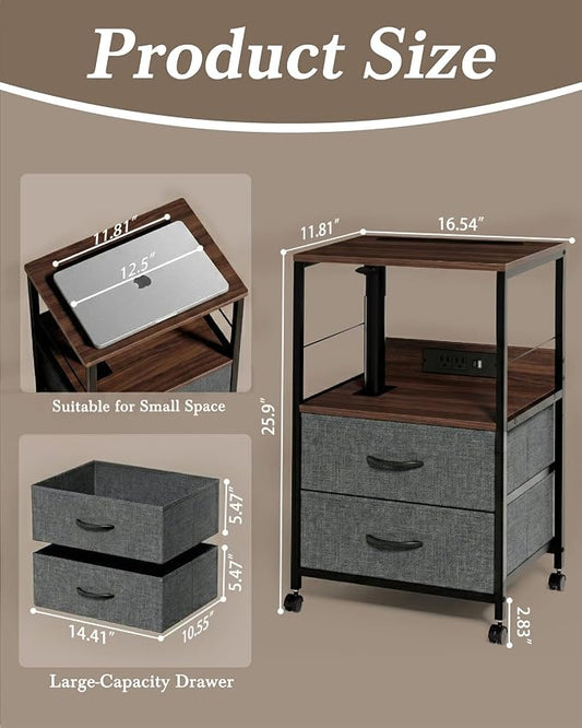 Faesun Swivel Lift Top Nightstand with Charging Station, Rolling Side Table for Recliner, Bedside Table with Wheels & 2 Fabric Drawers, for Small Spaces, for Bedroom, Living Room, Walnut Gray