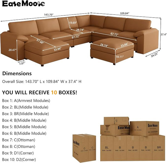 EASE MOOSE Leather Sectional Sofa, Oversized Faux Leather Sectional, Wide Deep Modular Couch, Scratch Resistant Material Sofas, U Shaped Couch,Brown