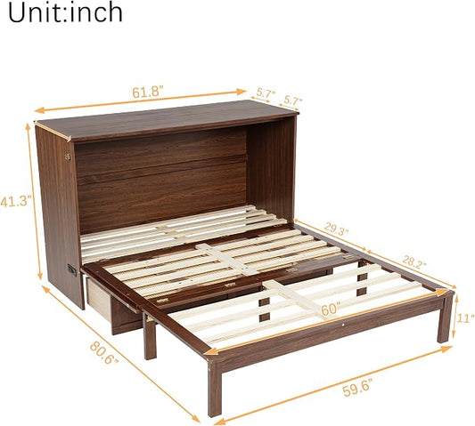 PVWIIK Queen Size Murphy Bed Cabinet with Power Station & Large Drawer for Bedroom,Pine Wood Folding Chest Bed with Rattan Panel, Space-Saving Wall Bed, Walnut