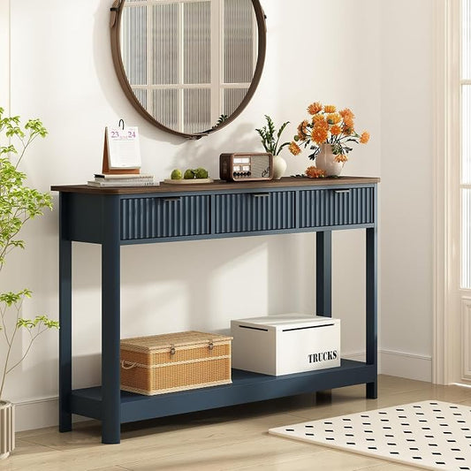 RUSTOWN Fluted Wood Console Table with 3 Drawers, 47.2" Modern Farmhouse Sofa Table & Entryway Table with Open Storage Shelf, Narrow Hallway Table for Living Room, Foyer and Hallway (Navy Blue)