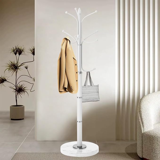 OIRUMIE Coat Rack with Natural Marble Base, Metal Modern Coat Racks Freestanding, Coat Rack Stand with 12 Hooks, Coat Tree Hats Hanger Stand for Entryway, Hallway (12 Hooks-White)