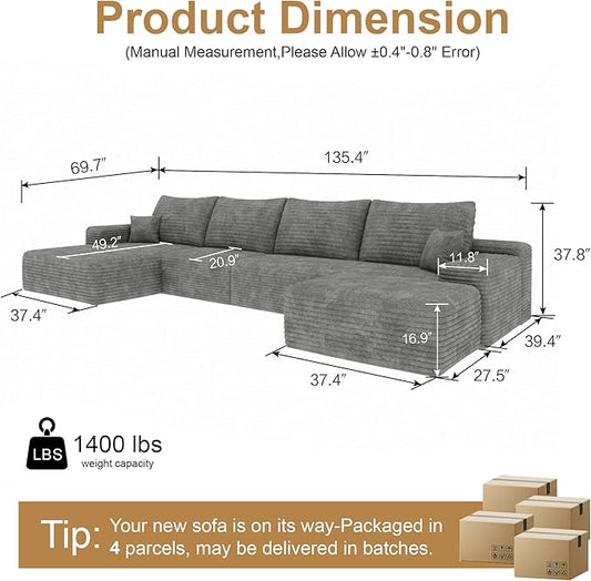 AUGOP 136" Sectional Couches for Living Room Modern Modular Sofa with L-Shape Couchs Upholstered Boneless Couch Deep Seat Sectional Couch with Chaise (Grey, Left Facing Chaise+3Seaters+Ottoman)