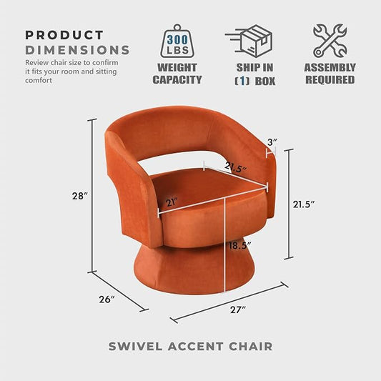 Lexicon 360 Degree Swivel Accent Chair, Modern Comfy Velvet Round Barrel Chair, Open Back, Plush Foam Cushions, Metal Swivel Base for Living Room/Bedroom/Office/Small Spaces, Orange