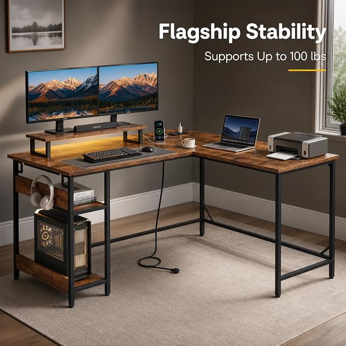 DEVAISE Full-Size 60" L Shaped Gaming Desk with LED Lights and Power Outlets - Reversible Corner Computer Table with Monitor Stand and Storage Shelves for Work and Gaming, Rustic Brown