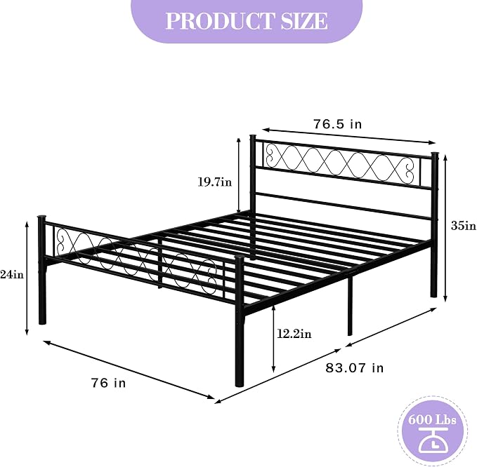 GarveeHome King Size Bed Frame, Metal Platform Bed Frame with Headboard and Footboard, 12.2 in Bed Frame with Strong Metal Slats Support, Under Bed Storage, No Box Spring Needed, Black