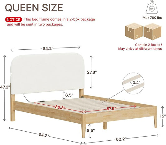 KISLOT Wood Bed Frame with USB & Type-C Charging, Boucle Platform Bed with Upholstered Headboard Mattress Foundation No Box Spring Needed Easy Assembly