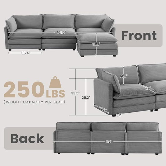 ROWHY 112'' Modular Sectional Cloud Couch with Movable Ottoman, 4 Seat Modern Corduroy Sofa with 2 Throw Pillows, Comfy Deep Seat L Shaped Couches for Living Room Bedroom Apartment, Dark Grey