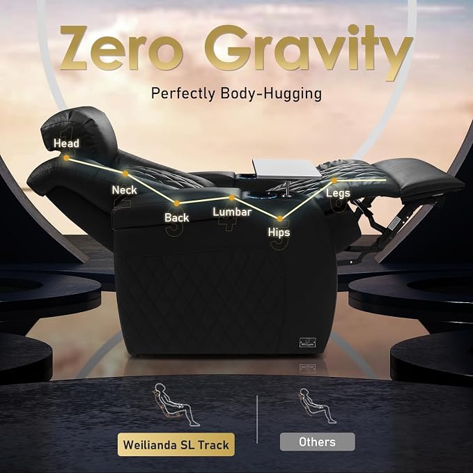 Weilianda Home Theater Seating Top Grain Leather Zero Gravity Recliner Chair Power Headrest Recline Movie Seat Gaming 7 Colors Mood Light Sofa with Tray Table USB Charge Row of 2 Black