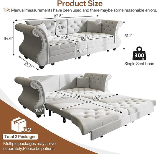 83.8" Oversized Pull Out Sofa Bed, Chesterfield Velvet Sleeper Sofa Couch with Roll Arm & Flower Tufting, Heavy Duty Metal Frame Convertible Sofa for Living Room, Apartment, Guest Room, Light Grey