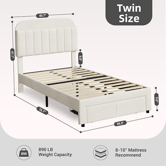 IDEALHOUSE Twin Bed Frame for Kids, Upholstered Platform Bed with Large Storage Drawer and Bookcase Headboard, Girls Boys Bed, Noise-Free, Easy Assembly, No Box Spring Needed, Cream White