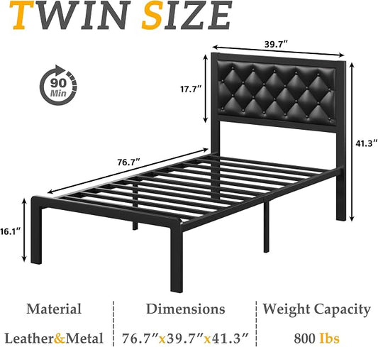 HISOFT Twin Bed Frame with Upholstered Button Tufted Headboard, Bed Frame Platform Metal Slats Support, Under Bed Storage, No Box Spring Needed, Noise-Free, Easy Assembly, Black