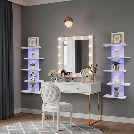 VIWODS 5 Tier Wall Shelf Unit-White Floating Shelves with Light for Home Decor, Modern Unique Asymmetric Design for Bedroom & Living Room Storage