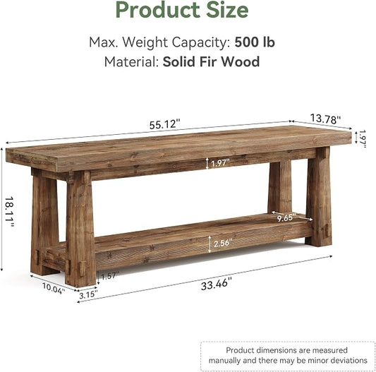 55" Solid Wood Entryway Bench with Shoe Storage, Rustic Charred Wood Grain Foyer Bench with Open Shelf for Hallway, Mudroom, Bedroom, Easy Assembly