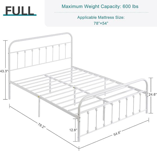 VECELO Classic White Victorian Style Metal Bed Frame with Headboard and Footboard Under Bed Storage No Box Spring Needed Strong Slat Suppor Bed Frame Full Size