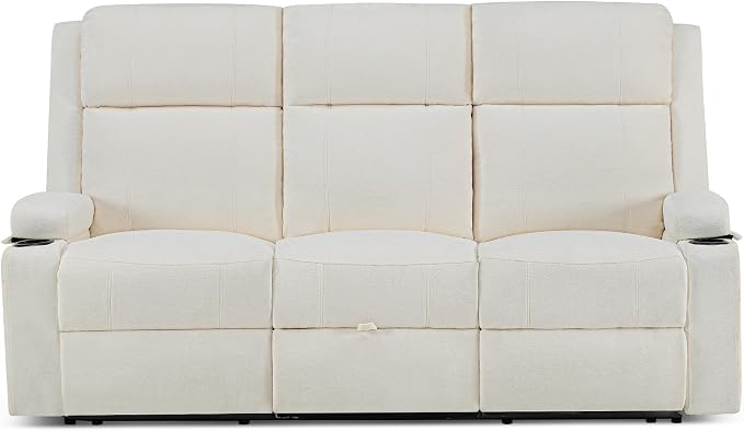 GUEAPY Large Manual Reclining Sofa 3-Seater Chenille Reclining Couch with Cup Holders, Wide Seat, Easy Assembly & Spill-Resistant Fabric Cozy Reclining Sofa for Living Room, Apartment, RV, Beige
