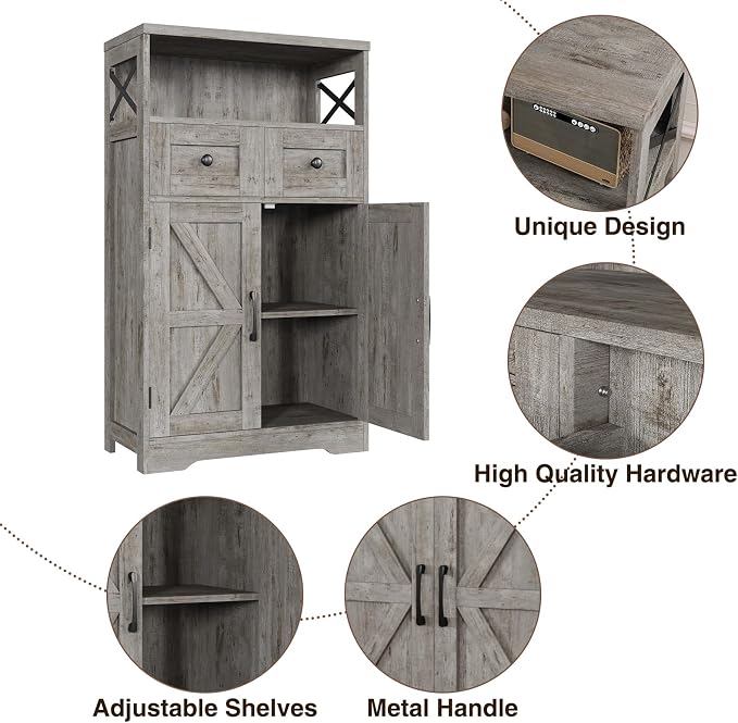 Befrases Set of 2 Farmhouse Storage Cabinet with Drawers and Adjustable Shelves, Freestanding Kitchen Pantry Storage Cabinet, Floor Storage Cupboard for Dining Living Room Home Office, Washed Grey